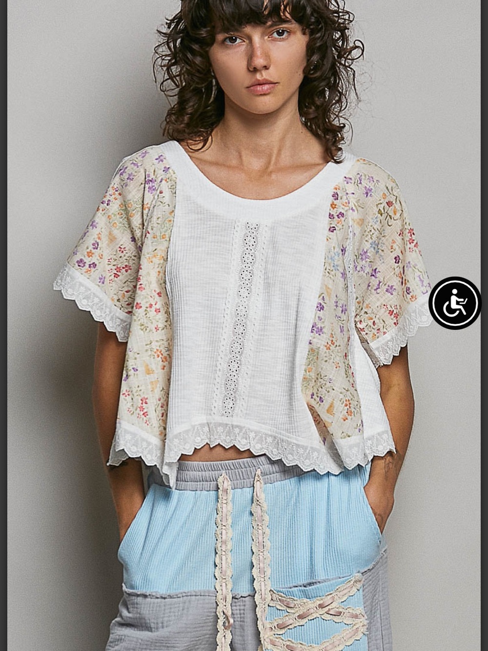 POL White Floral Lace-Trim Peasant Blouse